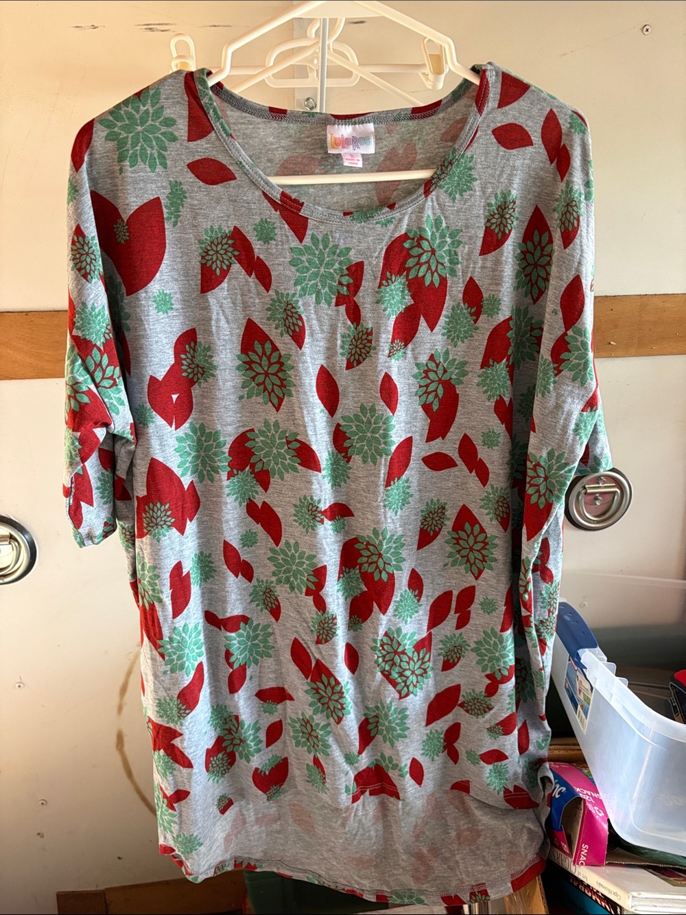 LuLaRoe Gray Top with Red Petals & Mint Floral Print